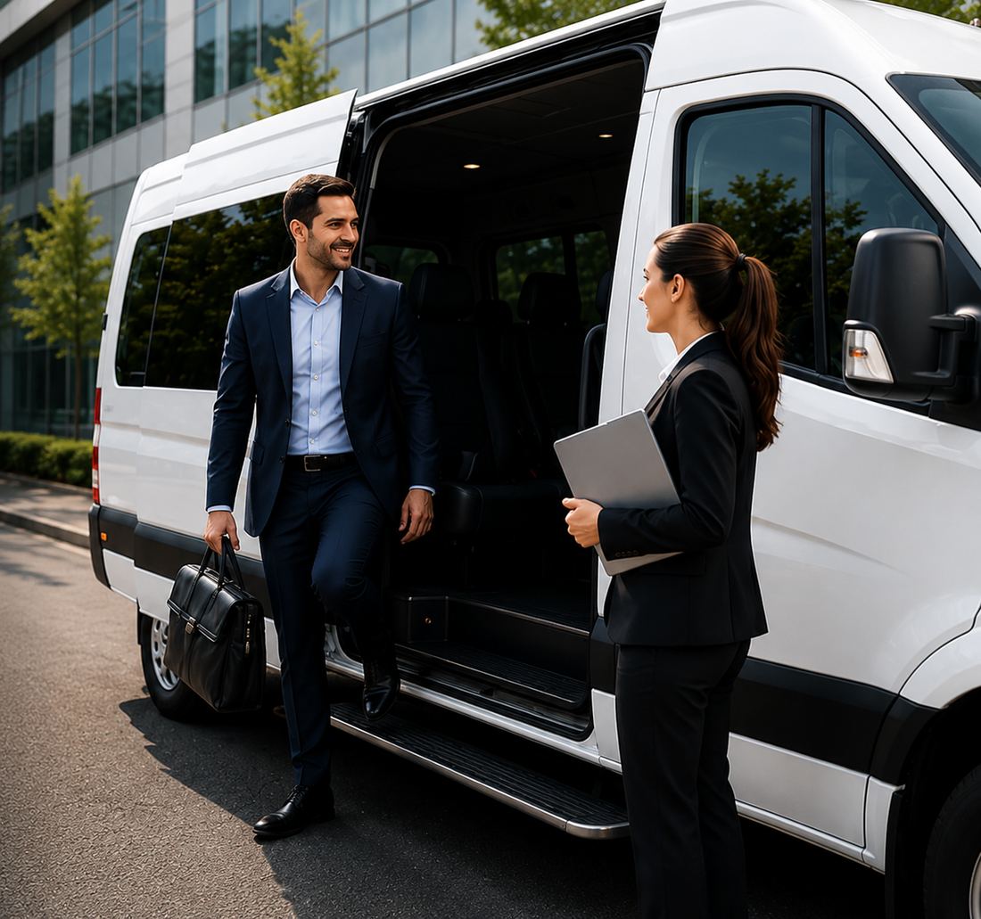 Ejecutivos abordando una van corporativa Solarse Transportes